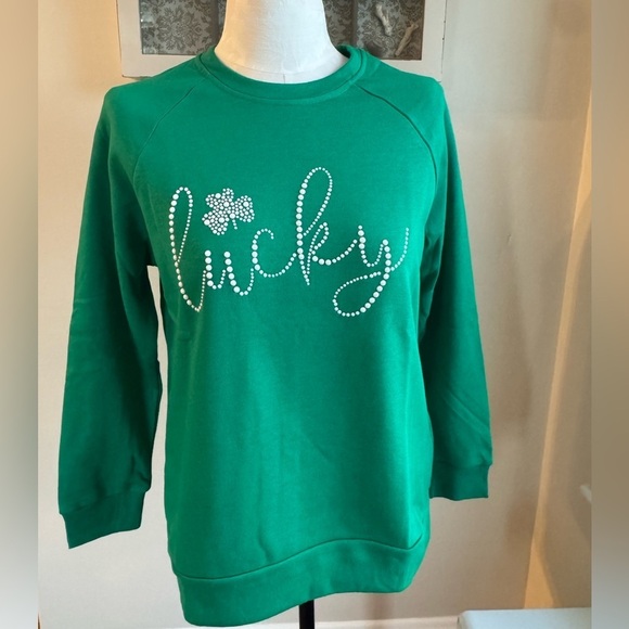 My Daughters’ Closet Tops - NWT Lucky Shamrock St. Paddy’s Soft Embellished Crewneck Sweatshirt Green Small